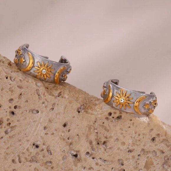 Sun and Moon Cubic Zirconia Gold Plated Ionic PVD Stainless Steel Hoop Earrings - Picture 1 of 3